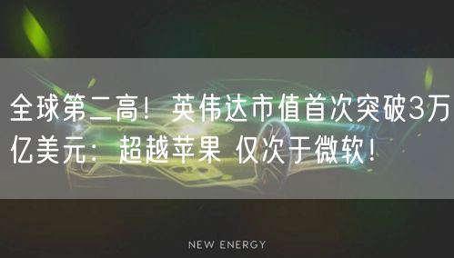 全球第二高！英伟达市值首次突破3万亿美元：超越苹果 仅次于微软！